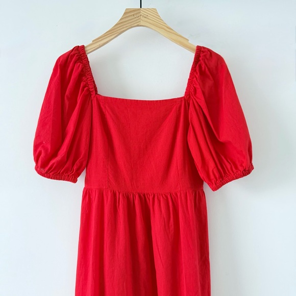 H&M Red Linen Blend Puff Sleeve Midi Dress XS Cottagecore Summer - Picture 4 of 13